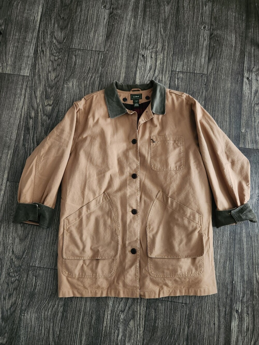 Y2K L.L. Bean Tan Canvas Field Coat Chore Barn Jacket Corduroy Trim Women's 1X